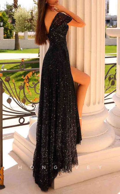 L2183 - Sexy Tulle Glitter A-Line Off-Shoulder Empire Sequined With Side Slit Train Party Prom Evening Dress