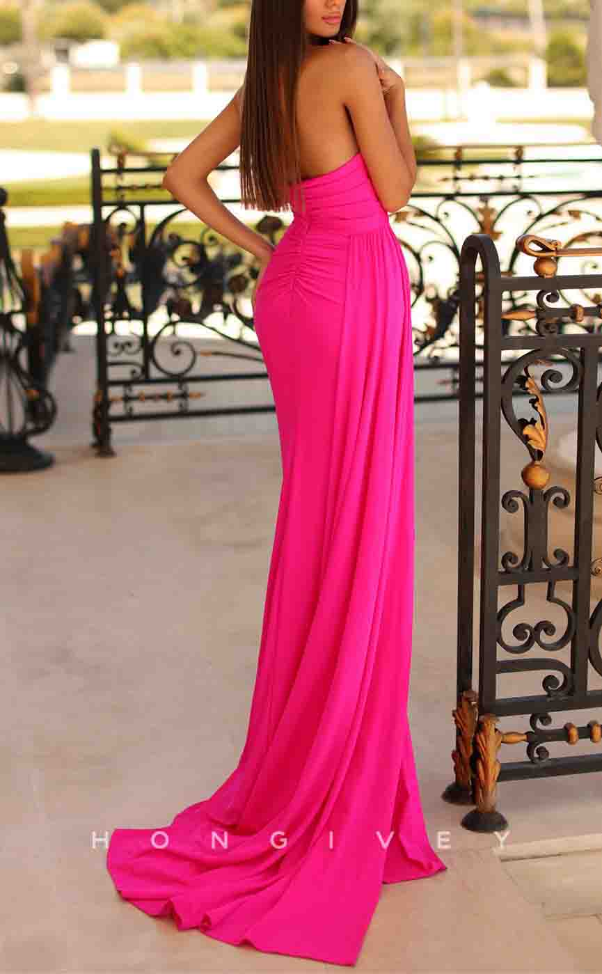 L2185 - Sexy Satin Trumpet Bateau Strapless Empire Beaded Ruched With Side Slit Train Party Prom Evening Dress