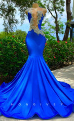 L2186 - Sexy Satin Trympet Round Sleeveless Empire Beaded Appliques Party Prom Evening Dress For Black Girl