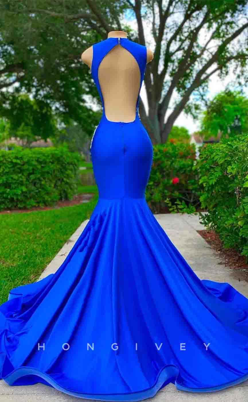 L2186 - Sexy Satin Trympet Round Sleeveless Empire Beaded Appliques Party Prom Evening Dress For Black Girl
