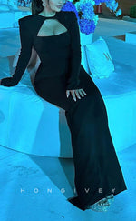 L2190 - Sexy Satin Black Fitted Scoop Empire Long Sleeves Floor-Length Party Prom Evening Dress