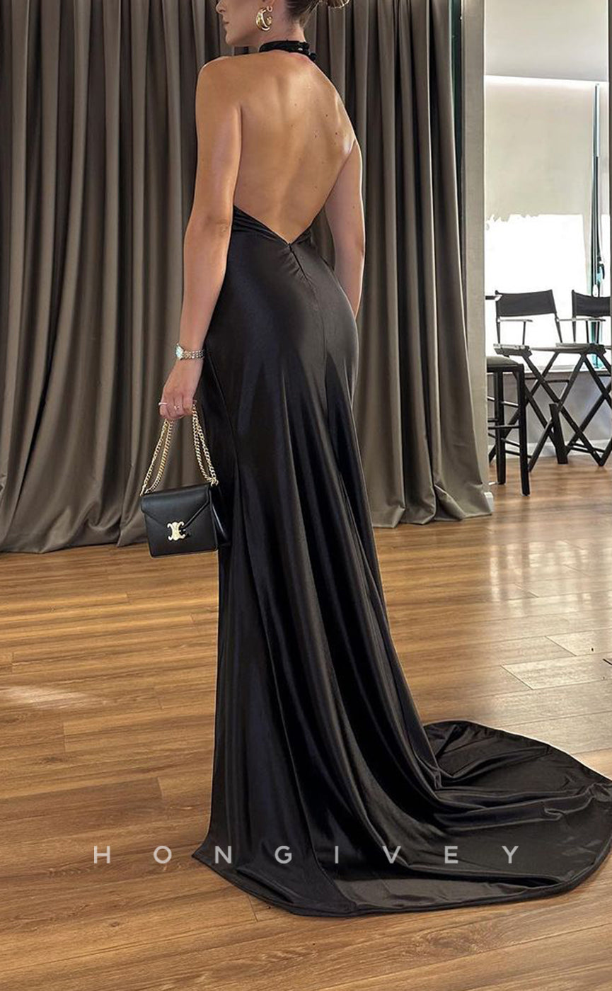 L2191 - Sexy Satin Fitted Halter Sleeveless Empire Ruched With Side Slit Train Party Prom Evening Dress