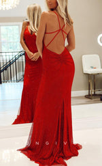 L2195 - Sexy Glitter Satin Fitted V-Neck Spaghetti Straps Empire With Train Party Prom Evening Dress