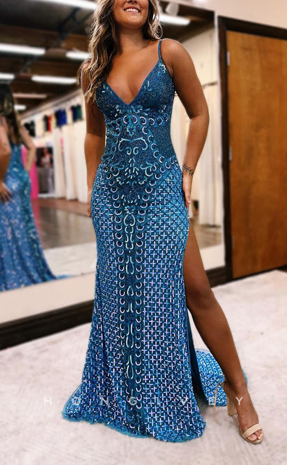 L2197 - Sexy Satin Fitted A-Line V-Neck Spaghetti Straps Empire Sequined Appliques With Side Slit Party Prom Evening Dress