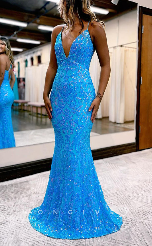 L2198 - Sexy Glitter Satin Trumpet V-Neck Spaghetti Straps Empire Appliques Party Prom Evening Dress