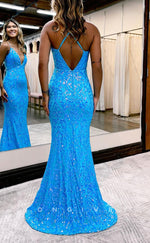 L2198 - Sexy Glitter Satin Trumpet V-Neck Spaghetti Straps Empire Appliques Party Prom Evening Dress