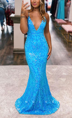 L2198 - Sexy Glitter Satin Trumpet V-Neck Spaghetti Straps Empire Appliques Party Prom Evening Dress