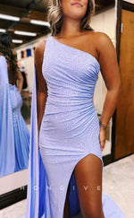 L2200 - Sexy Satin Trumpet One-Shoulder Empire With Bolero Beaded Ruched With Side Slit Train Party Prom Evening Dress