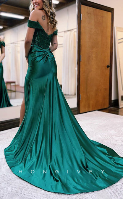 L2201 - Sexy Satin A-Line Off-Shoulder Empire Appliques Pleats With Side Slit Party Prom Evening Dress