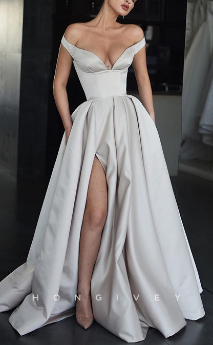 L2202 - Sexy Satin A-LIne Off-Shoulder Empire Ruched Pockets With Side Slit Floor-Length Party Prom Evening Dress