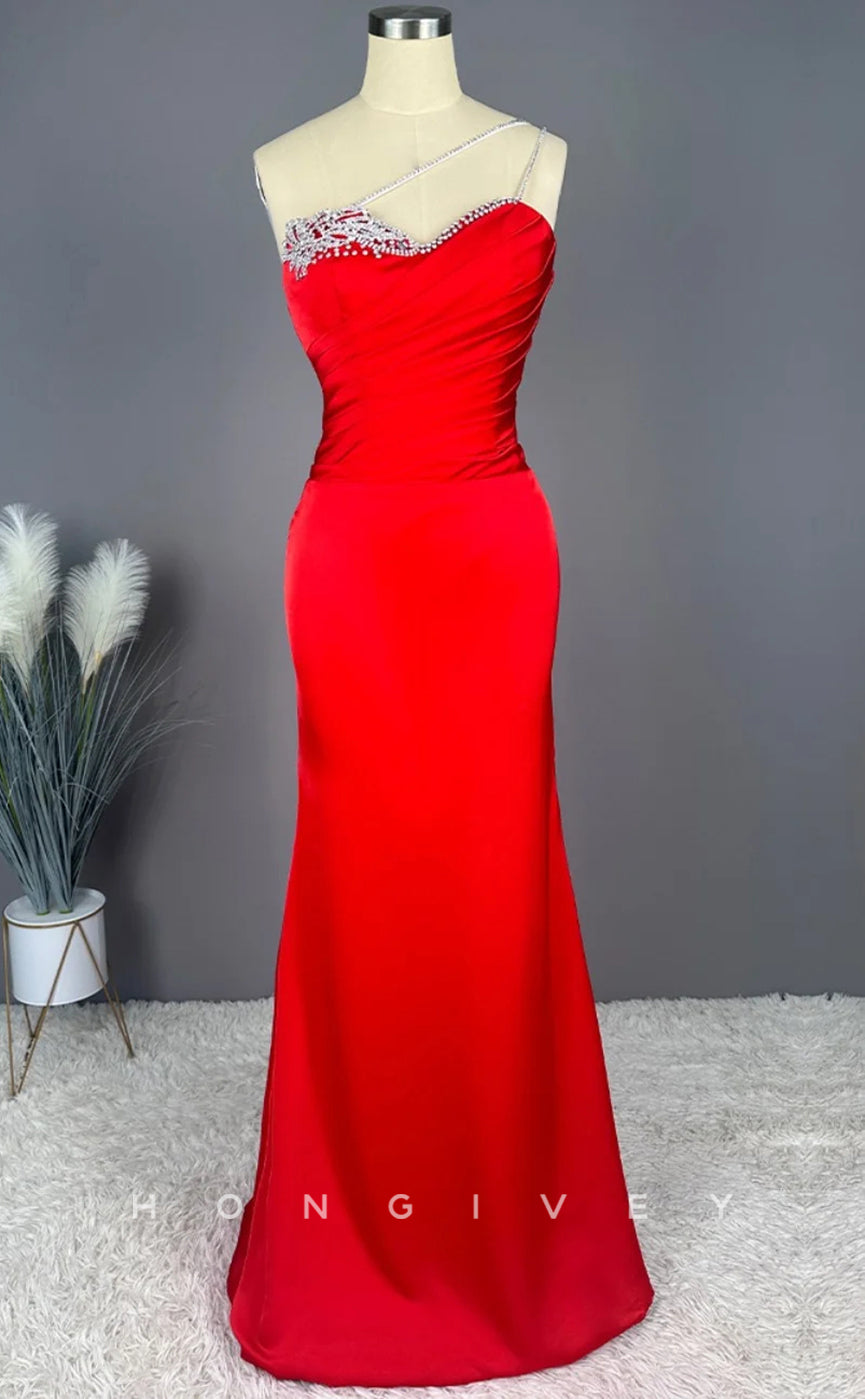 L2204 - Sexy Satin Trumpet One Shoulder Sleeveless Empire Beaded With Train Party Prom Evening Dress