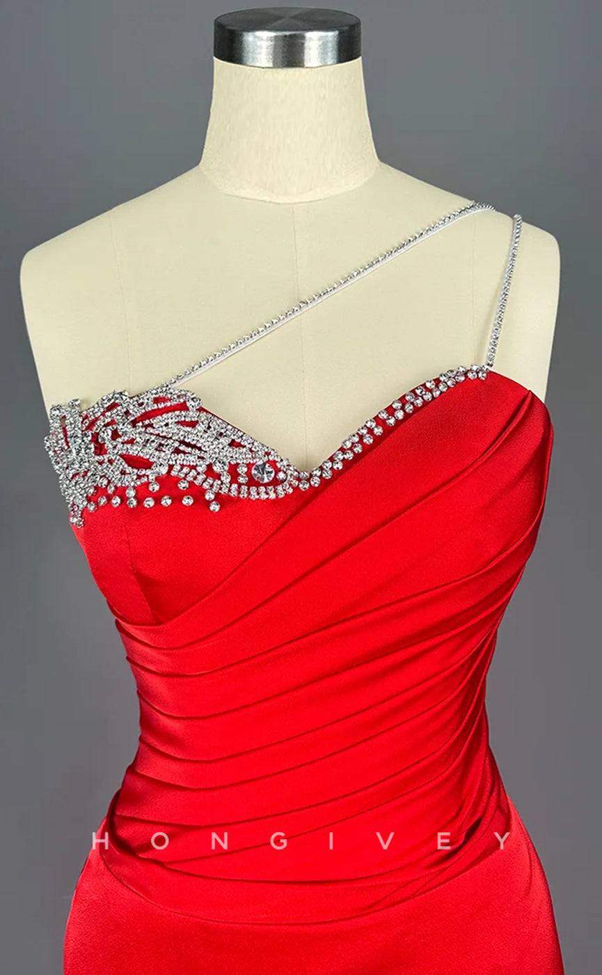 L2204 - Sexy Satin Trumpet One Shoulder Sleeveless Empire Beaded With Train Party Prom Evening Dress