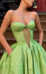 L2205 - Sexy Satin A-Line Sweetheart Strapless Empire Illusion With Pockets Party Prom Evening Dress