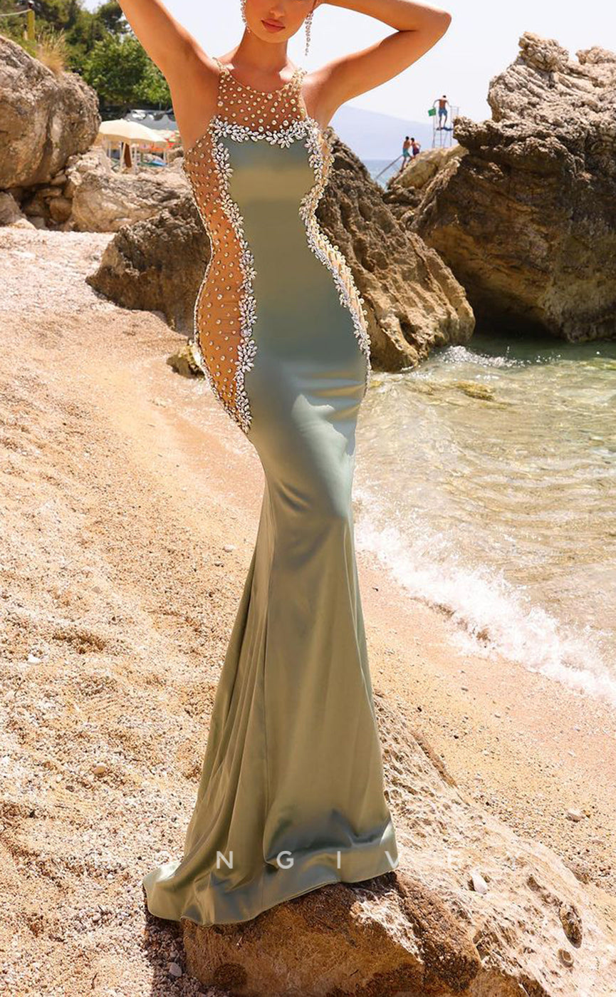L2209 - Sexy Satin Trumpet Scoop Strapless Empire Illusion Beaded With Train Party Prom Evening Dress