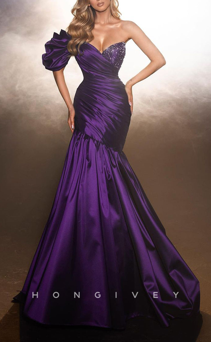 L2213 - Sexy Satin Trumpet One Shoulder Empire Ruched Beaded Party Prom Evening Dress