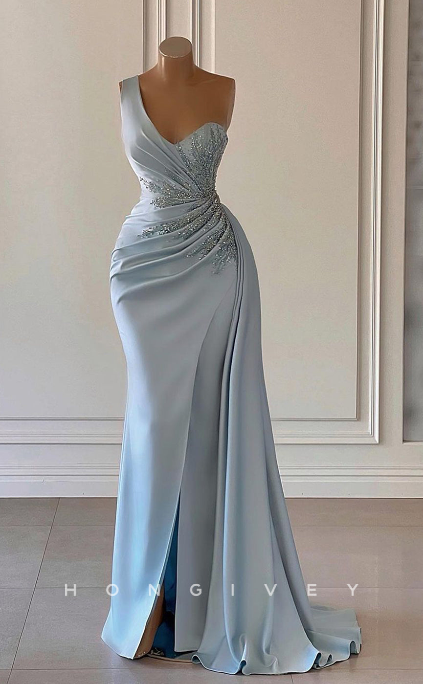 L2215 - Sexy Satin Trumpet One Shoulder Empire Ruched Beaded Appliques With Slit And Train Party Prom Evening Dress