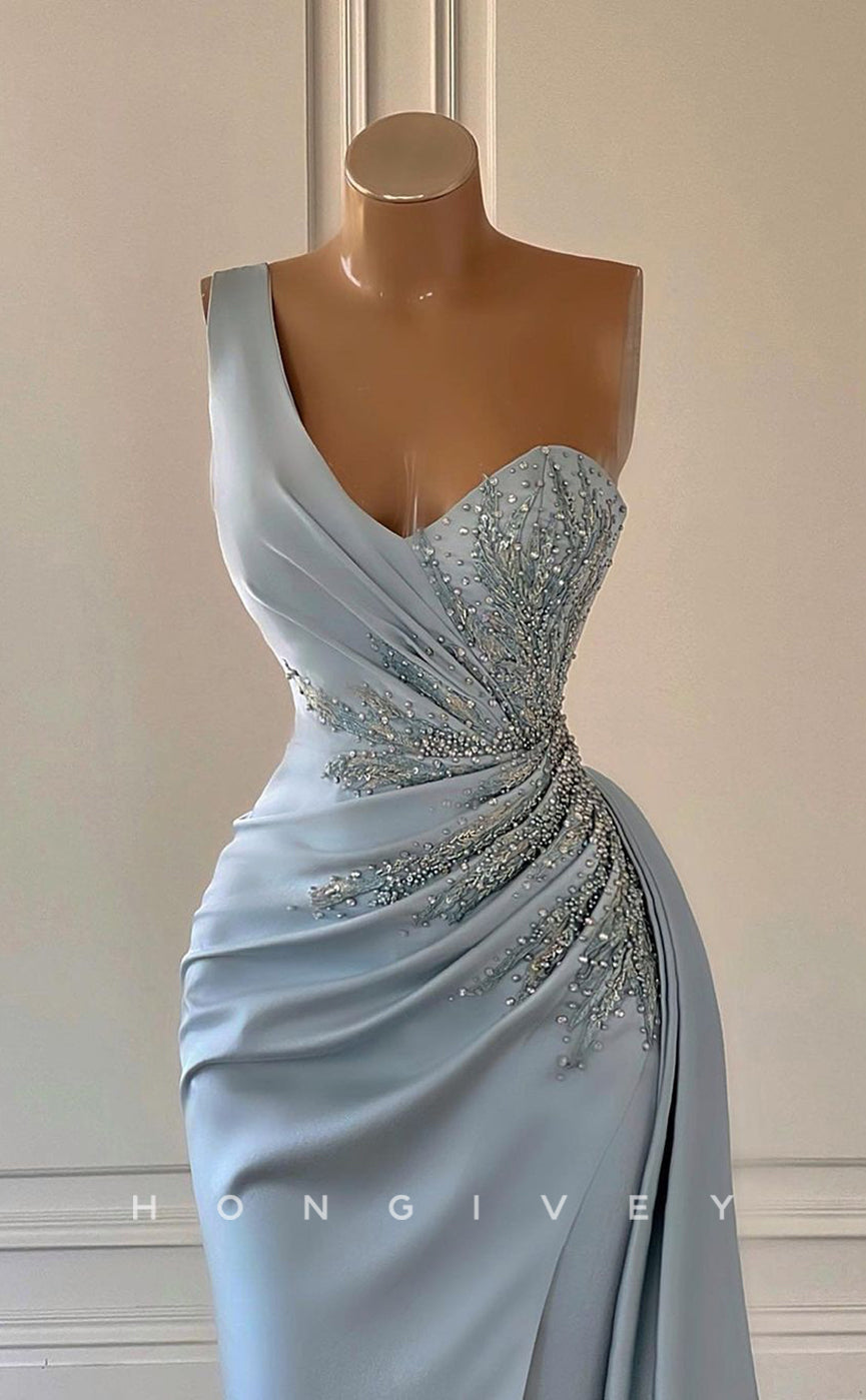 L2215 - Sexy Satin Trumpet One Shoulder Empire Ruched Beaded Appliques With Slit And Train Party Prom Evening Dress