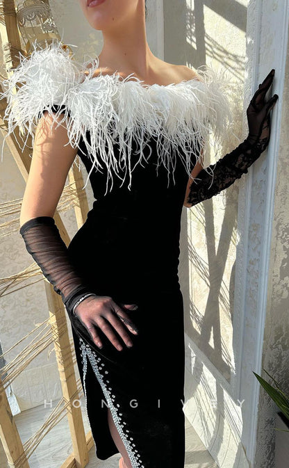L2216 - Sexy Satin Fitted Off-Shoulder Empire Feathers Beaded With Side Slit Party Prom Evening Dress