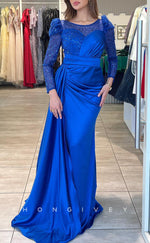 L2220 - Sexy Satin Fitted Scoop Empire Sequined Long Sleeves Ruched With Train Party Prom Evening Dress