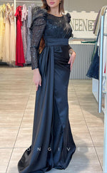 L2220 - Sexy Satin Fitted Scoop Empire Sequined Long Sleeves Ruched With Train Party Prom Evening Dress