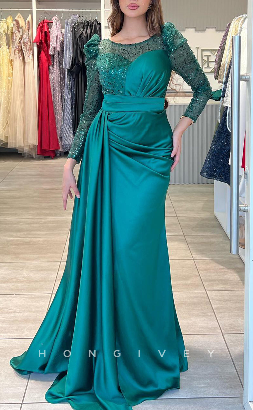 L2220 - Sexy Satin Fitted Scoop Empire Sequined Long Sleeves Ruched With Train Party Prom Evening Dress
