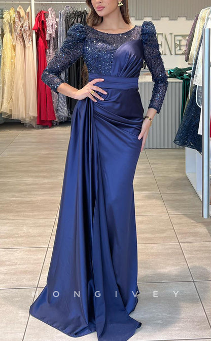 L2220 - Sexy Satin Fitted Scoop Empire Sequined Long Sleeves Ruched With Train Party Prom Evening Dress