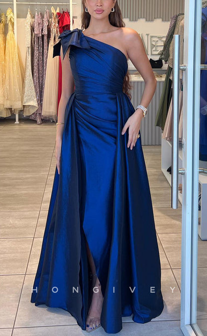 L2221 - Sexy Satin Fitted One Shoulder Empire Ruched Bowknot With Side Slit Overskirt Party Prom Evening Dress