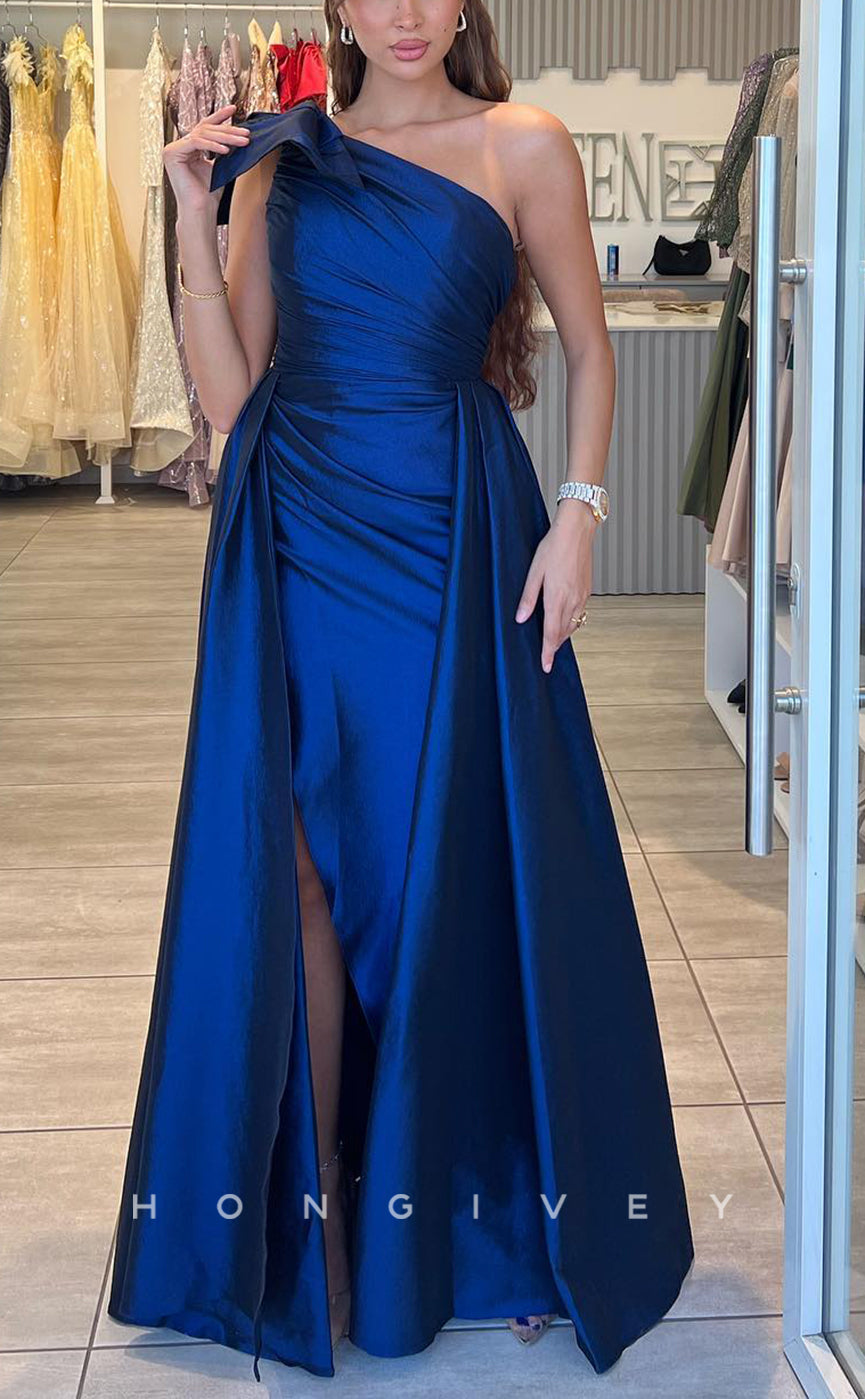 L2221 - Sexy Satin Fitted One Shoulder Empire Ruched Bowknot With Side Slit Overskirt Party Prom Evening Dress