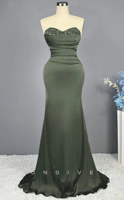 L2226 - Sexy Satin Trumpet Sweetheart Empire Strapless Beaded Appliques Party Prom Evening Dress