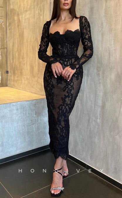 L2228 - Sexy Fitted Lace Asymmetrical Long Sleeve Empire Appliques Party Prom Evening Dress