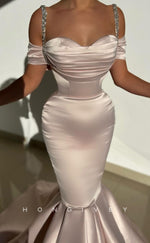 L2229 - Sexy Satin Trumpet Sweetheart Empire Beaded Straps Ruched With Train Party Prom Evening Dress