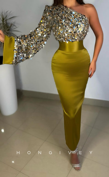 L2230 - Sexy Satin Fitted Glitter One Shoulder With Long Bell Sleeves Sequined Empire Party Prom Evening Dress