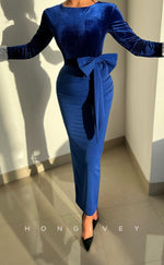 L2232 - Sexy Satin Fitted Scoop Empire Long Sleeve Beaded Bowknot Ruched Party Prom Evening Dress