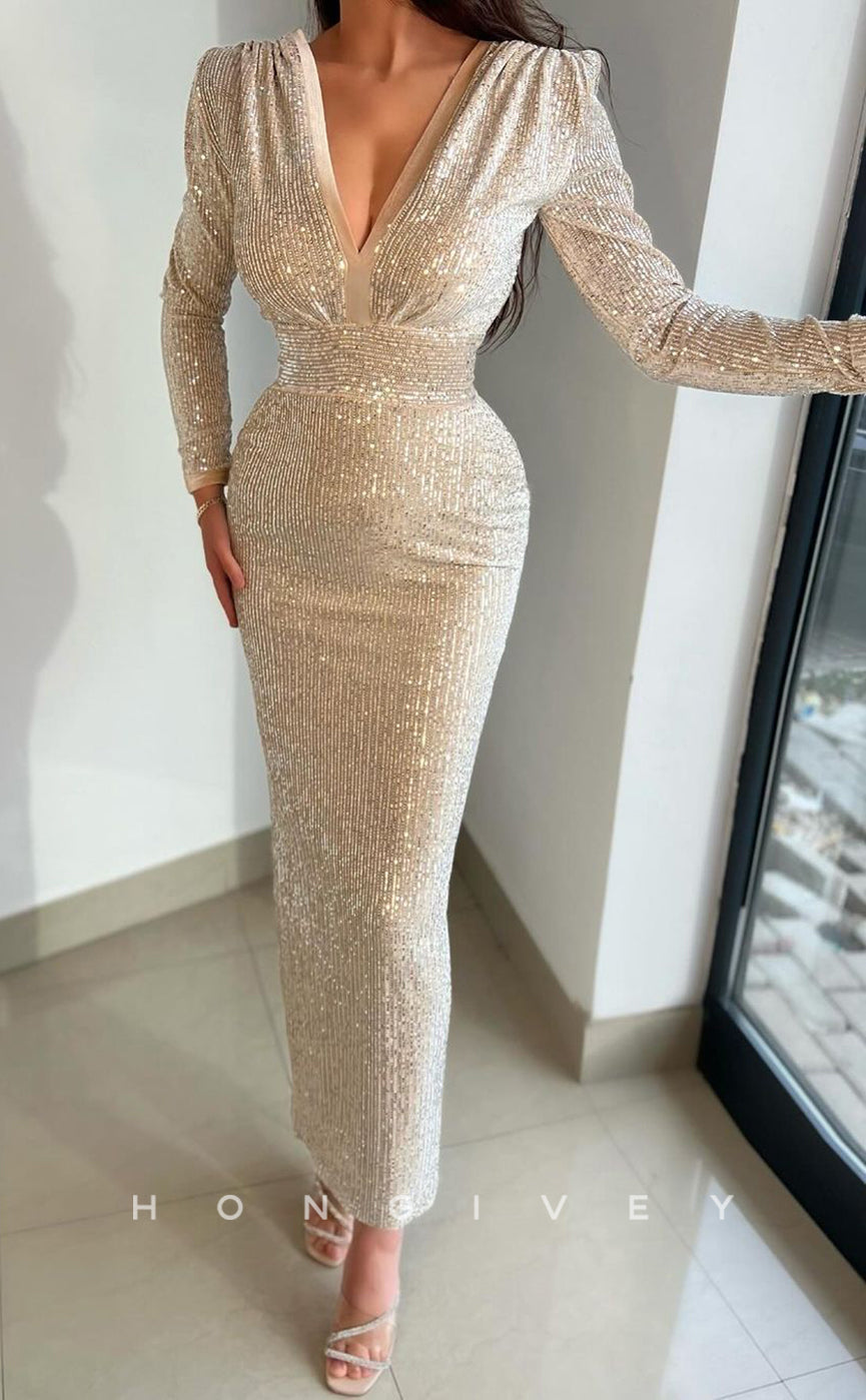 L2233 - Sexy Satin Fitted Glitter V-Neck Empire Long Sleeves Sequined Party Prom Evening Dress