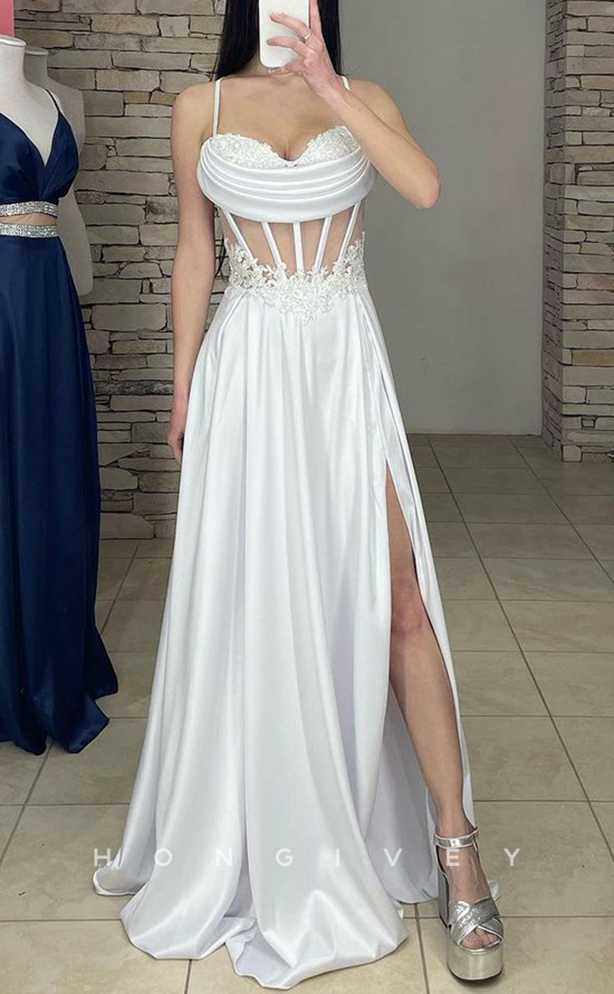 L2236 - Sexy Satin A-Line Sweetheart Spaghetti Straps Illusion Empire Appliques With Side Slit Party Prom Evening Dress