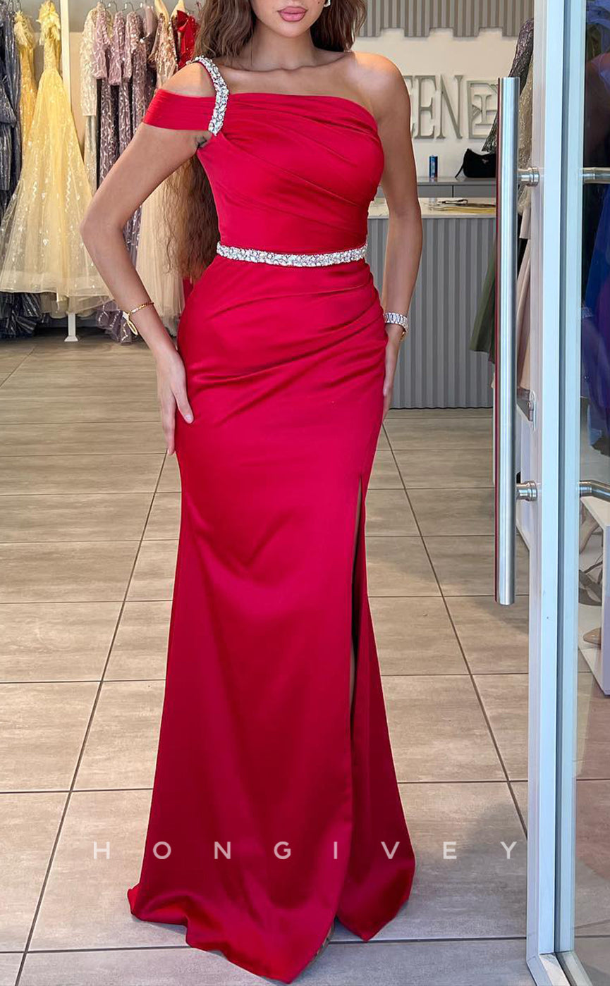 L2241 - Sexy Satin Fitted One Shoulder Empire Beaded Belt With Side Slit Party Prom Evening Dress