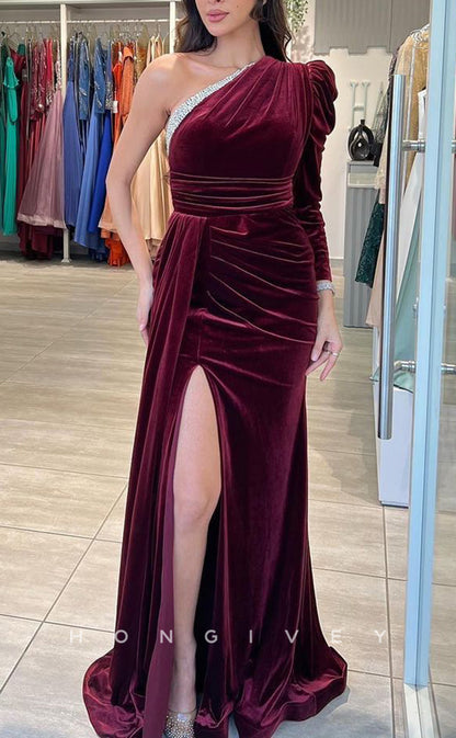 L2242 - Sexy Satin Fitted One Shoulder Empire Beaded Ruched With Side Slit Train Party Prom Evening Dress