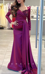 L2243 - Sexy Satin Fitted V-Neck Long Sleeve Empire Ruched Beaded With Train Party Prom Evening Dress