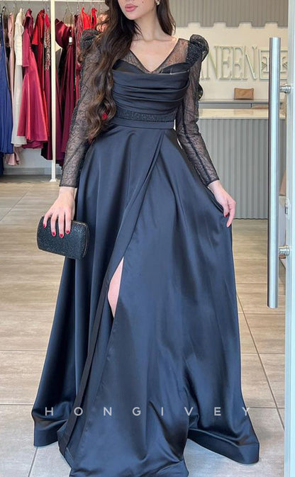 L2245 - Sexy Satin A-Line V-Neck Empire Lace Long Sleeves Ruched With Side Slit Train Party Prom Evening Dress
