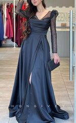 L2245 - Sexy Satin A-Line V-Neck Empire Lace Long Sleeves Ruched With Side Slit Train Party Prom Evening Dress