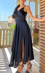 L2247 - Sexy Satin A-Line V-Neck Spaghetti Straps Empire Ruched With Side Slit Party Prom Evening Dress