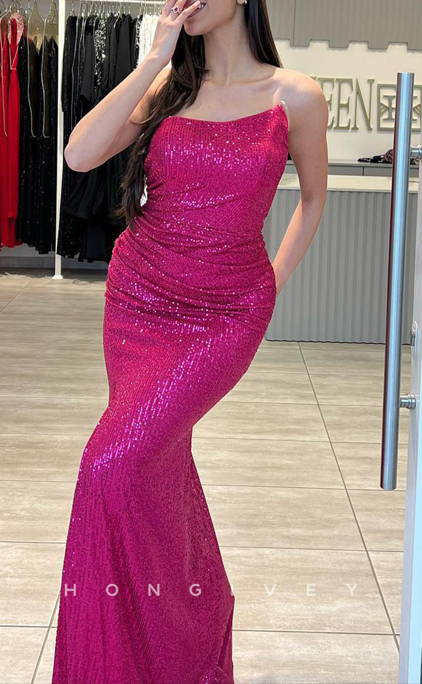 L2248 - Sexy Satin Fitted Asymmetrical Strapless Empire Sequined With Side Slit Party Prom Evening Dress