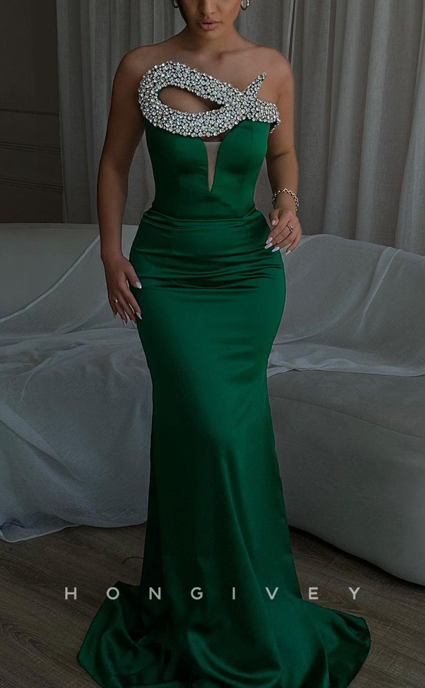 L2250 - Sexy Satin Trumpet Asymmetrical Beaded Strapless Empire With Train Party Prom Evening Dress