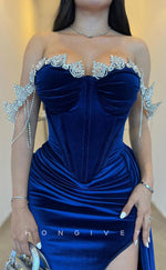 L2251 - Sexy Satin Fitted Sweetheart Off-Shoulder Empire Beaded Ruched With Side Slit Train Party Prom Evening Dress