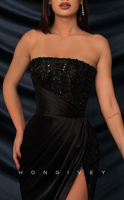 L2252 - Sexy Satin Fitted Strapless Empire Beaded Sequined Ruched With Side Slit Party Prom Evening Dress