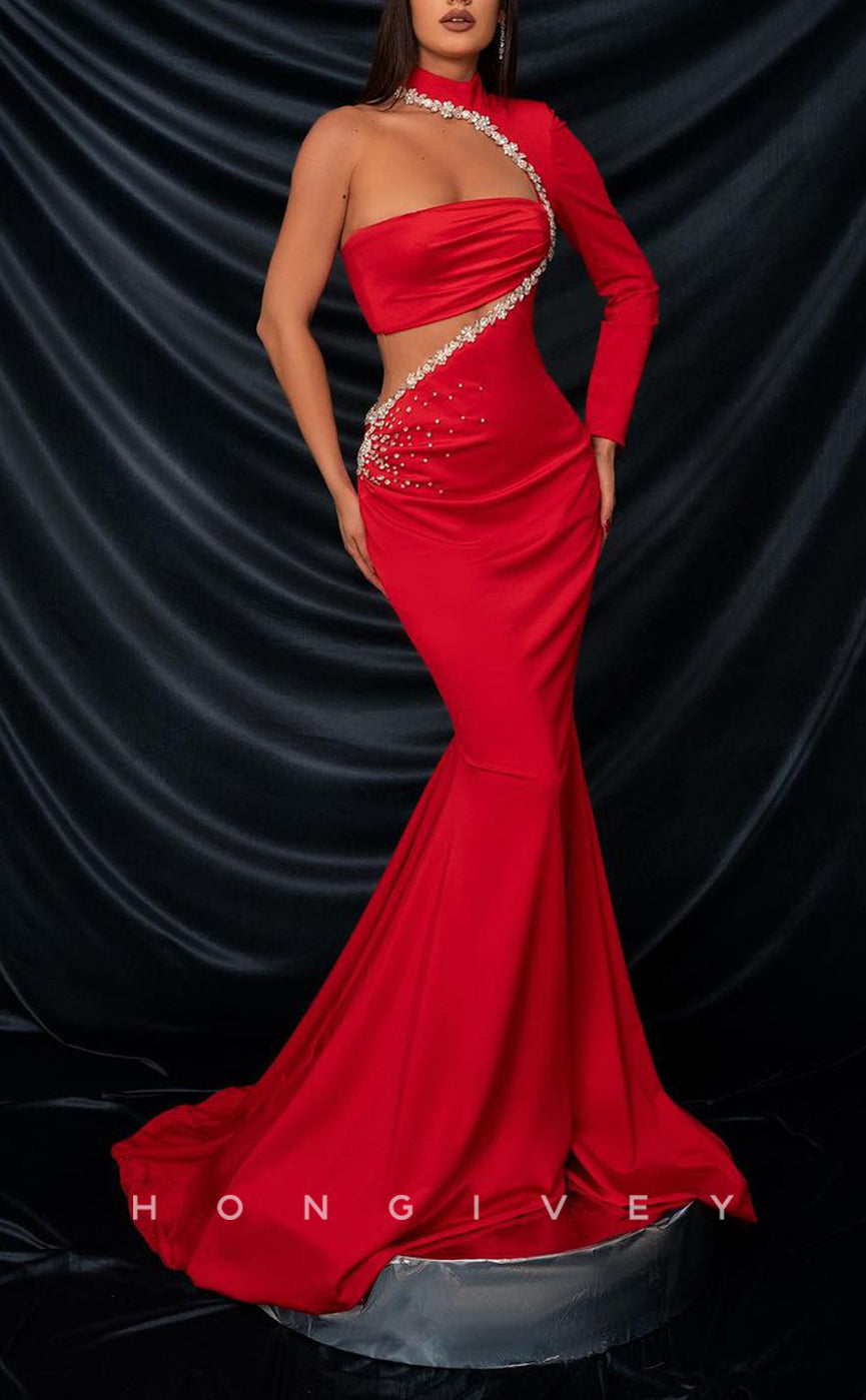 L2254 - Sexy Satin Trumpet One Shoulder Illusion Empire Beaded Ruched With Train Party Prom Evening Dress