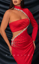 L2254 - Sexy Satin Trumpet One Shoulder Illusion Empire Beaded Ruched With Train Party Prom Evening Dress