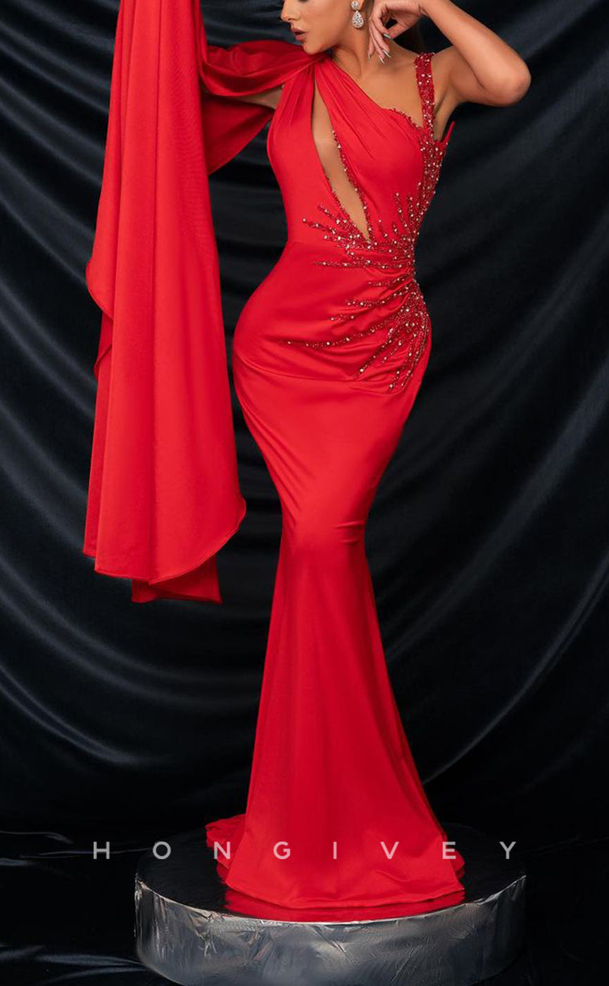 L2255 - Sexy Satin Trumpet Asymmetrical Straps Empire Illusion Beaded Appliques Party Prom Evening Dress