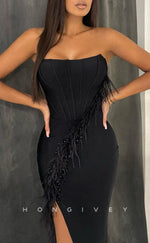 L2259 - Sexy Satin Fitted Bateau Strapless Empire Beaded Feathers With Side Slit Party Prom Evening Dress