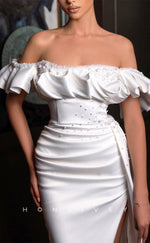 L2262 - Sexy Satin Fitted Off-Shoulder Empire Pearls Ruffled Ruched With Side Slit Train Party Prom Evening Dress